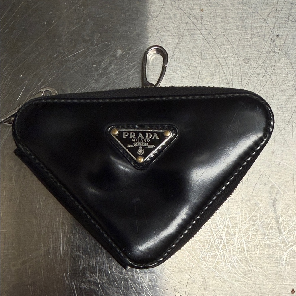 Prada Black Triangular Leather Pouch-Used As Is - image 1